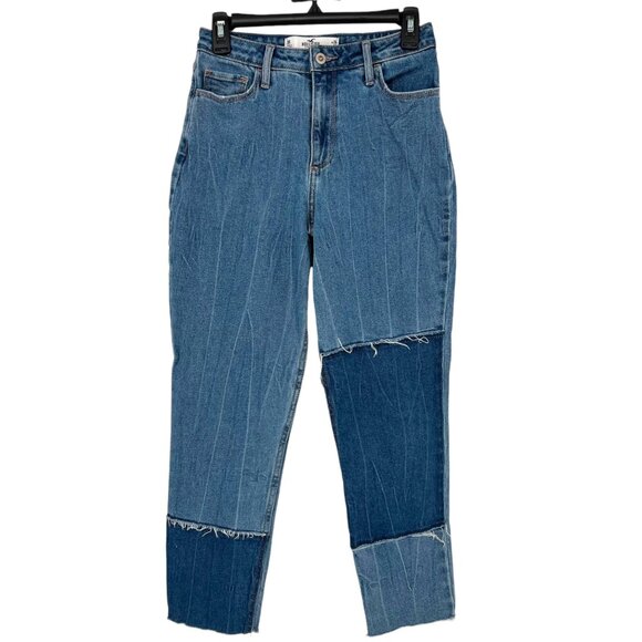 Hollister Curvy High Rise Mom Jeans Patchwork Denim Two Tone Blue Size 26 NWT - Picture 1 of 9